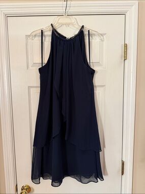 Navy Beaded Halter Dress